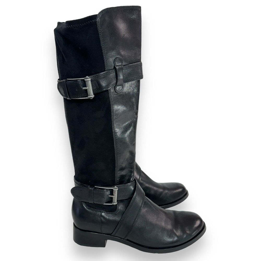 COLE HAAN Riding Boot Sz 8.5 Whitley Black Leather NikeAir Tall Knee High Buckle